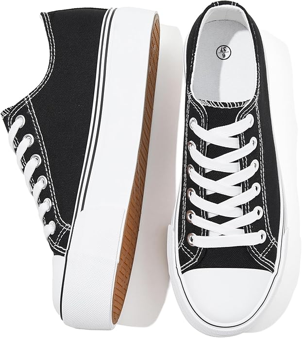 SERNIAL Womens White Platform Sneakers Low Top Platform Shoes Black Canvas Shoes for Women gallery image
