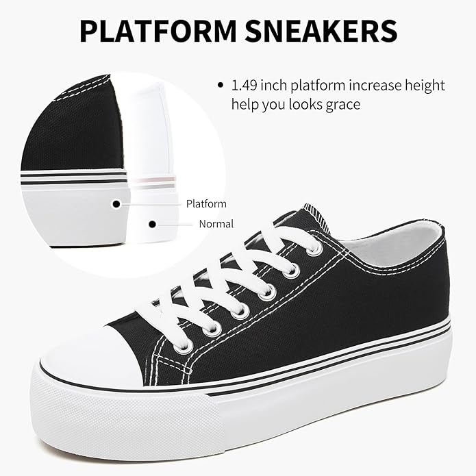 SERNIAL Womens White Platform Sneakers Low Top Platform Shoes Black Canvas Shoes for Women gallery image